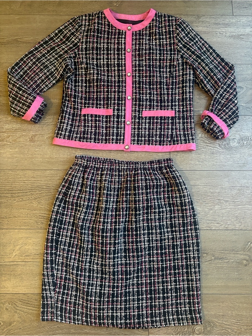 Vintage Maggie Sweet Black & Pink Plaid Tweed Jacket & Midi Skirt Set